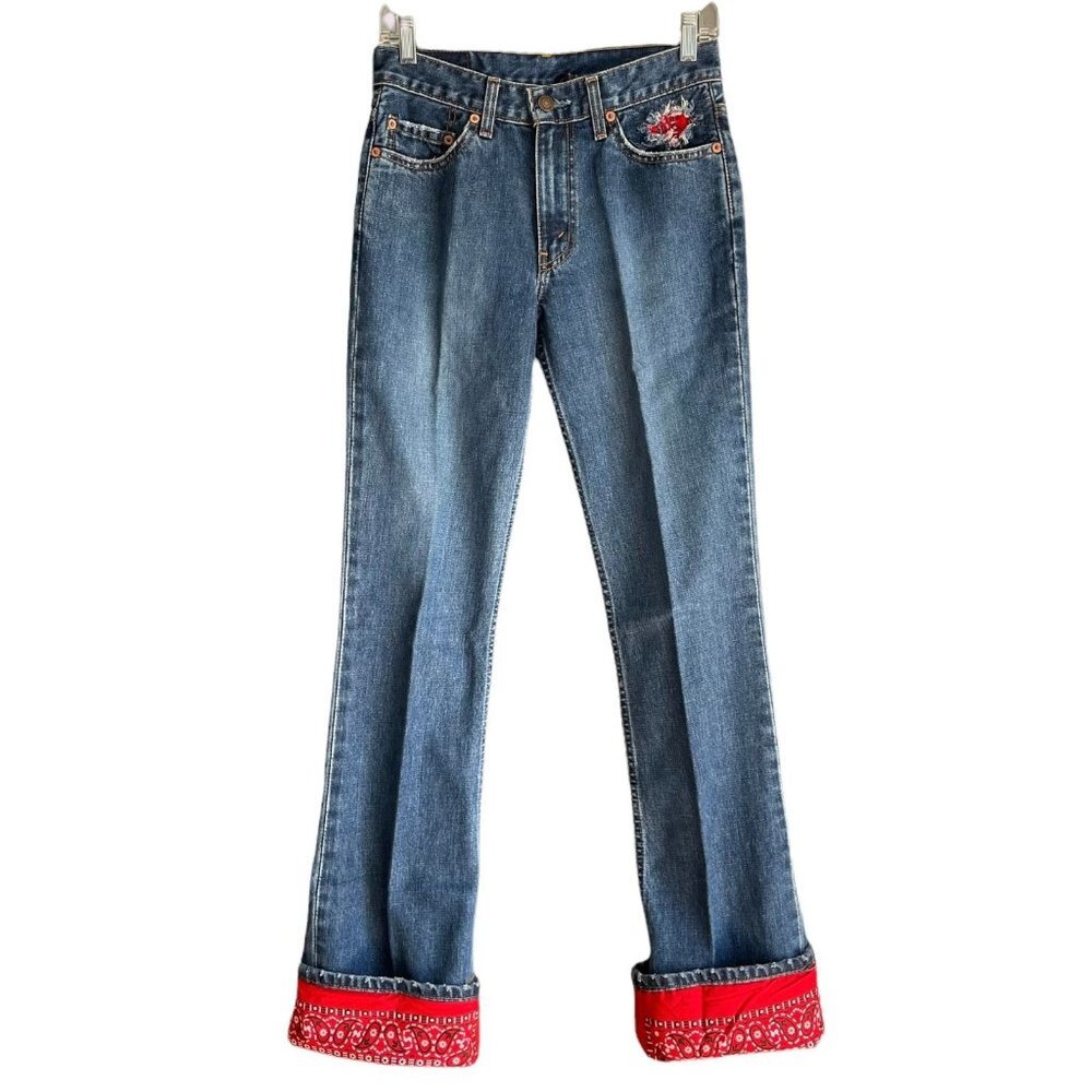 Vintage Y2K Levis 555 Jeans Upcycled Remake Bandana Cuffed Distressed Bootcut